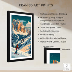 Val Gardena Ski Poster - Italy framed art print featuring vibrant colors and stunning skiing scenery.