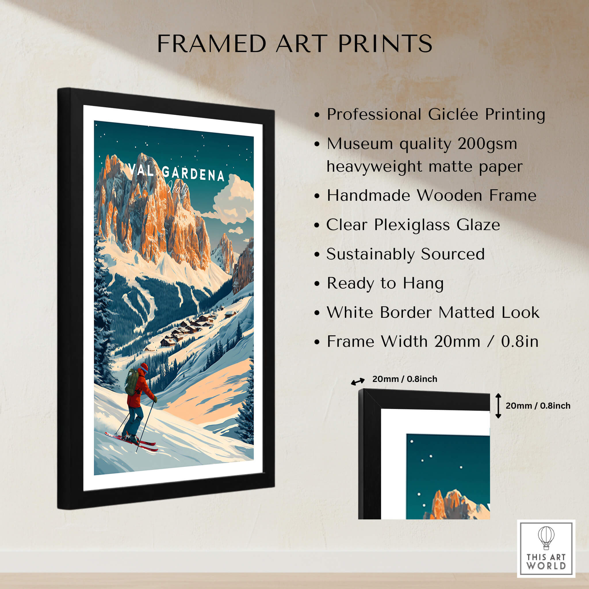 Val Gardena Ski Poster - Italy framed art print featuring vibrant colors and stunning skiing scenery.