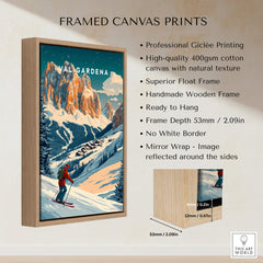 Val Gardena Ski Poster - Italy framed canvas print showcasing vibrant skiing scenery.