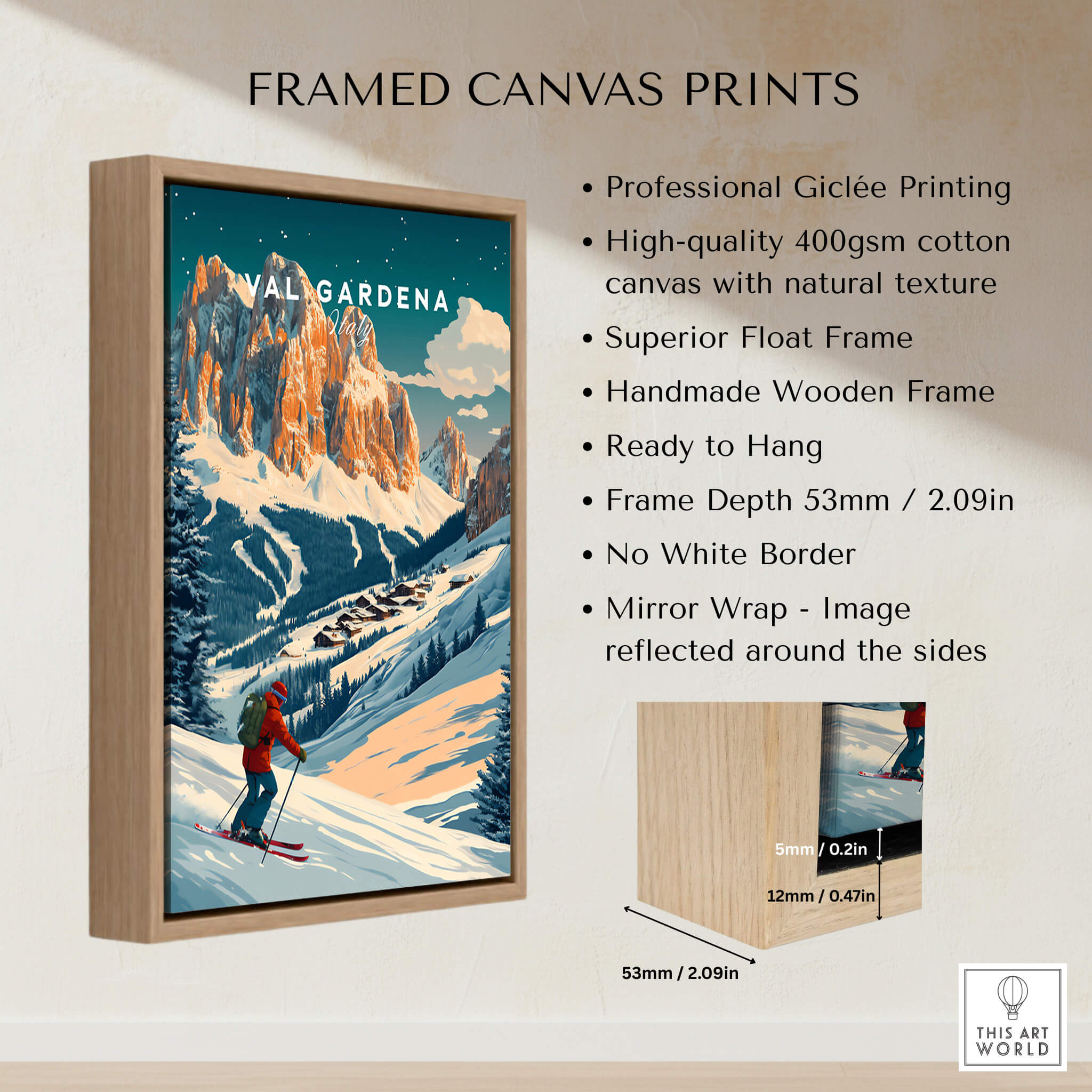 Val Gardena Ski Poster - Italy framed canvas print showcasing vibrant skiing scenery.