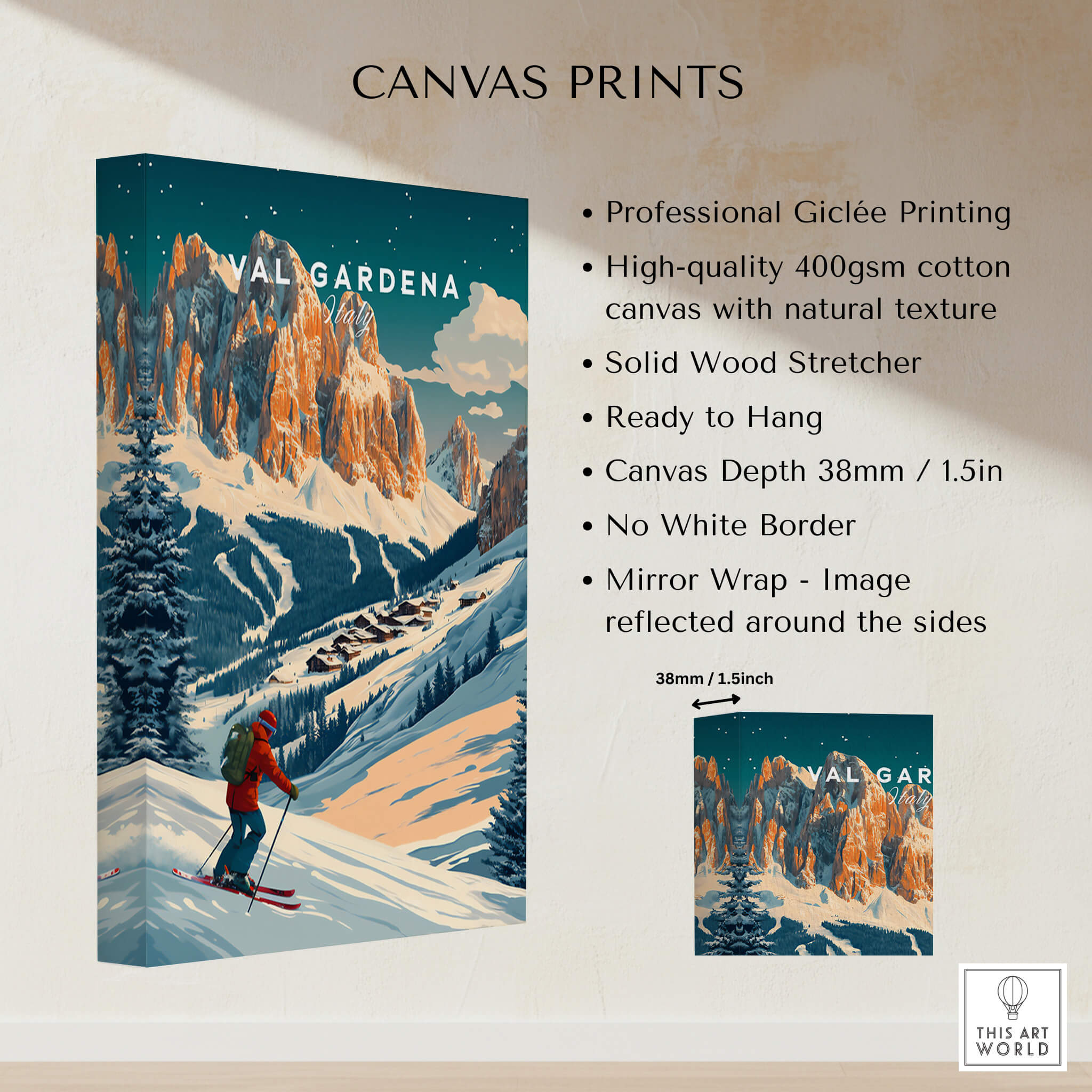 Val Gardena Ski Poster - Italy showcasing vibrant colors and breathtaking scenery, perfect for ski enthusiasts.