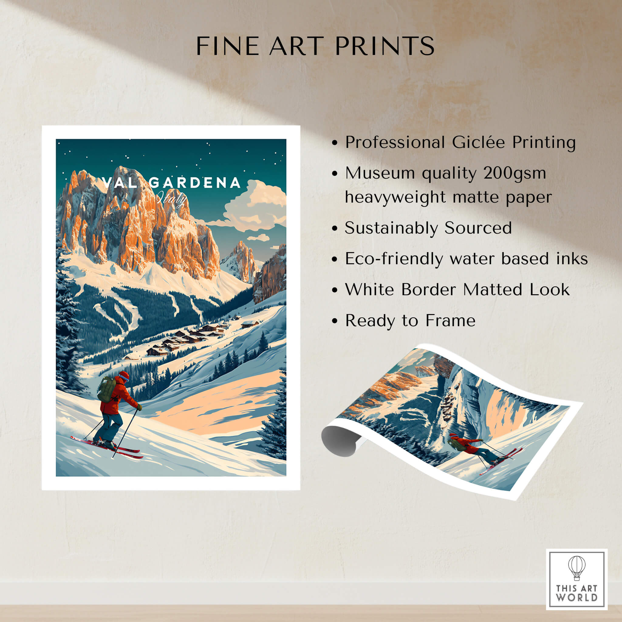 Val Gardena Ski Poster - Italy showcasing vibrant skiing scenery with professional printing details.