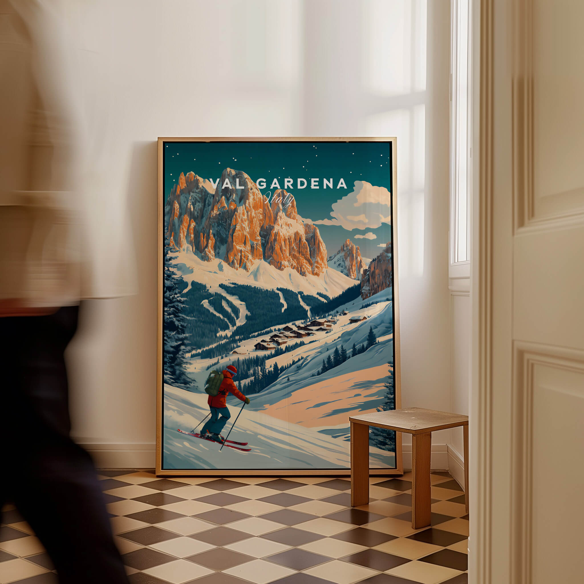 Val Gardena Ski Poster - Italy displayed in a stylish interior, showcasing vibrant colors and stunning alpine scenery.