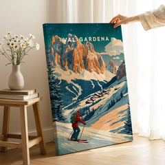 Val Gardena Ski Poster - Italy featuring a skier in breathtaking snowy mountains and vibrant colors.