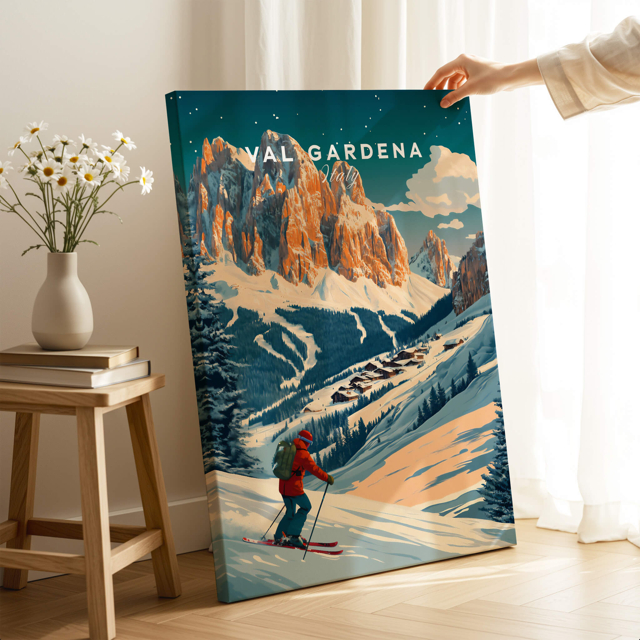 Val Gardena Ski Poster - Italy featuring a skier in breathtaking snowy mountains and vibrant colors.