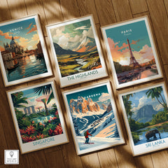 Collection of travel posters featuring Val Gardena Ski Poster - Italy, Venice, Paris, The Highlands, Singapore, and Sri Lanka.
