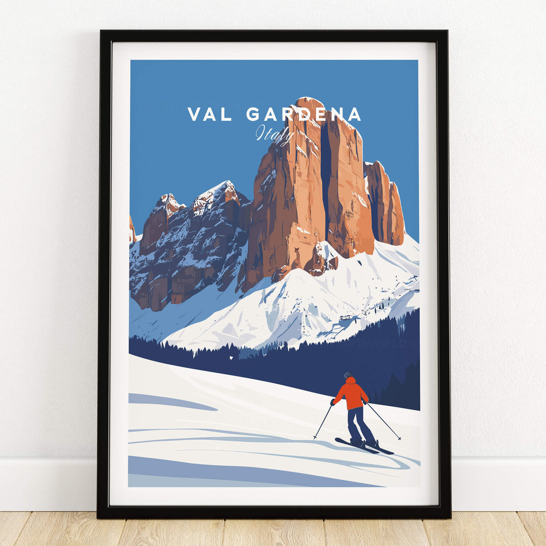 Val Gardena Print Italy ski poster featuring a skier and majestic mountains in a beautiful blue landscape.