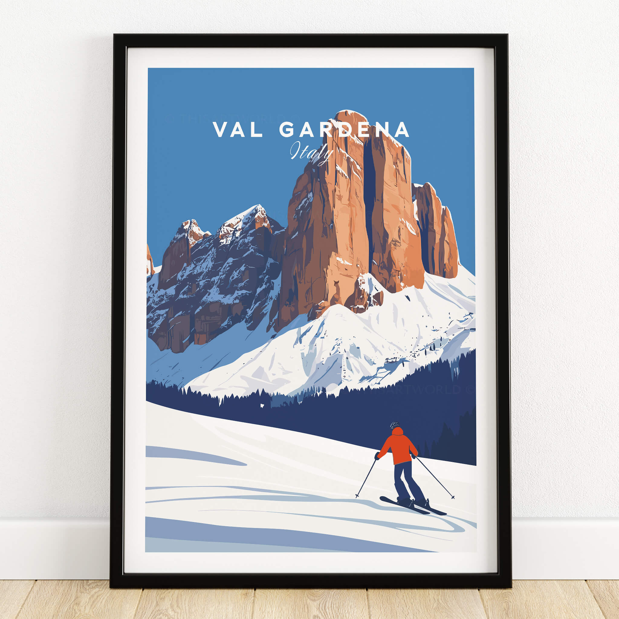 Val Gardena Print Italy ski poster featuring a skier and majestic mountains in a beautiful blue landscape.