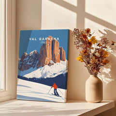Val Gardena Print Italy featuring a skier against stunning mountain backdrop, perfect for home decor.