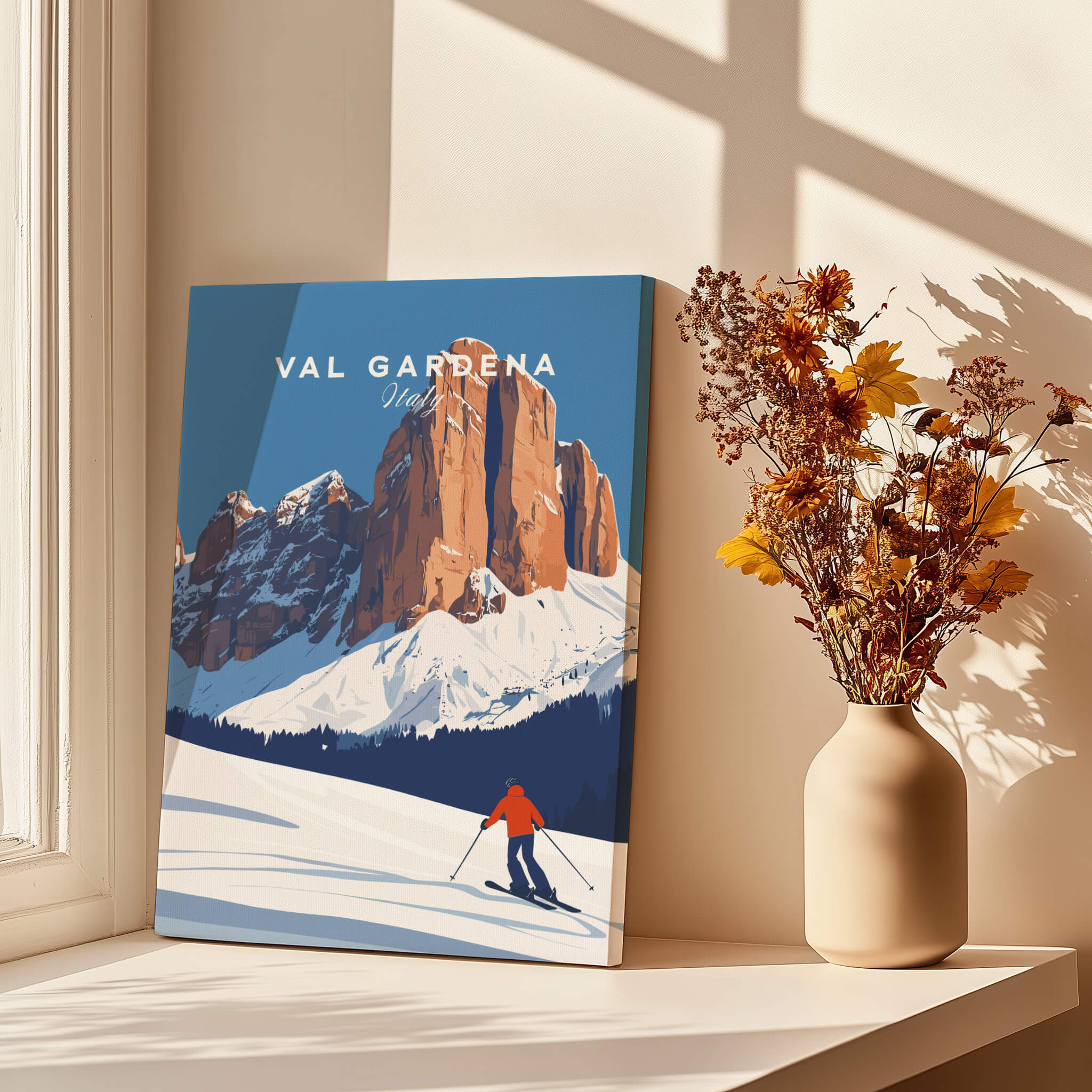 Val Gardena Print Italy featuring a skier against stunning mountain backdrop, perfect for home decor.