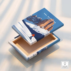 Val Gardena Print Italy box design featuring skier and mountain scenery, perfect for home decor.