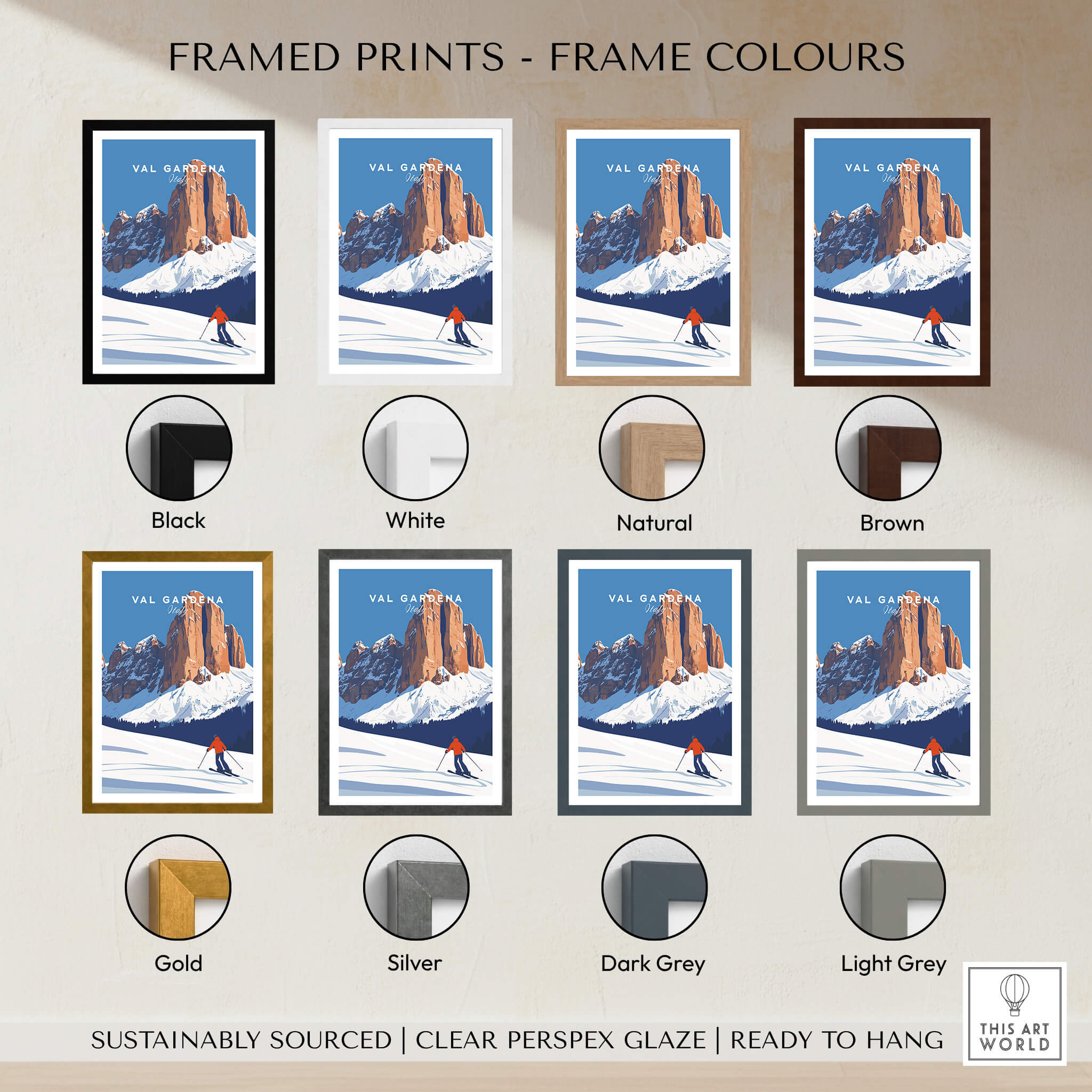 Val Gardena Print Italy framed print options showcase various frame colors for a ski poster.