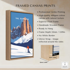 Framed Val Gardena Print Italy showcasing mountains and skier with high-quality materials and professional giclée printing.