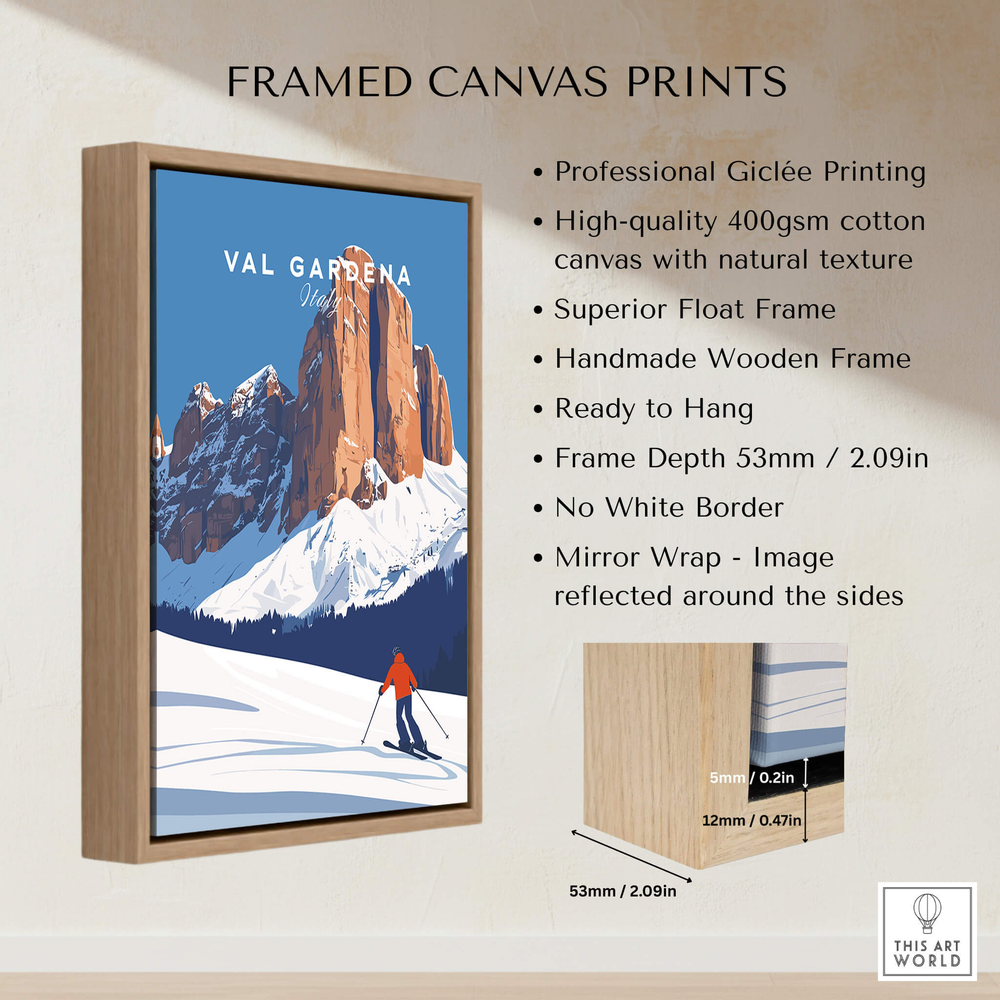 Framed Val Gardena Print Italy showcasing mountains and skier with high-quality materials and professional giclée printing.