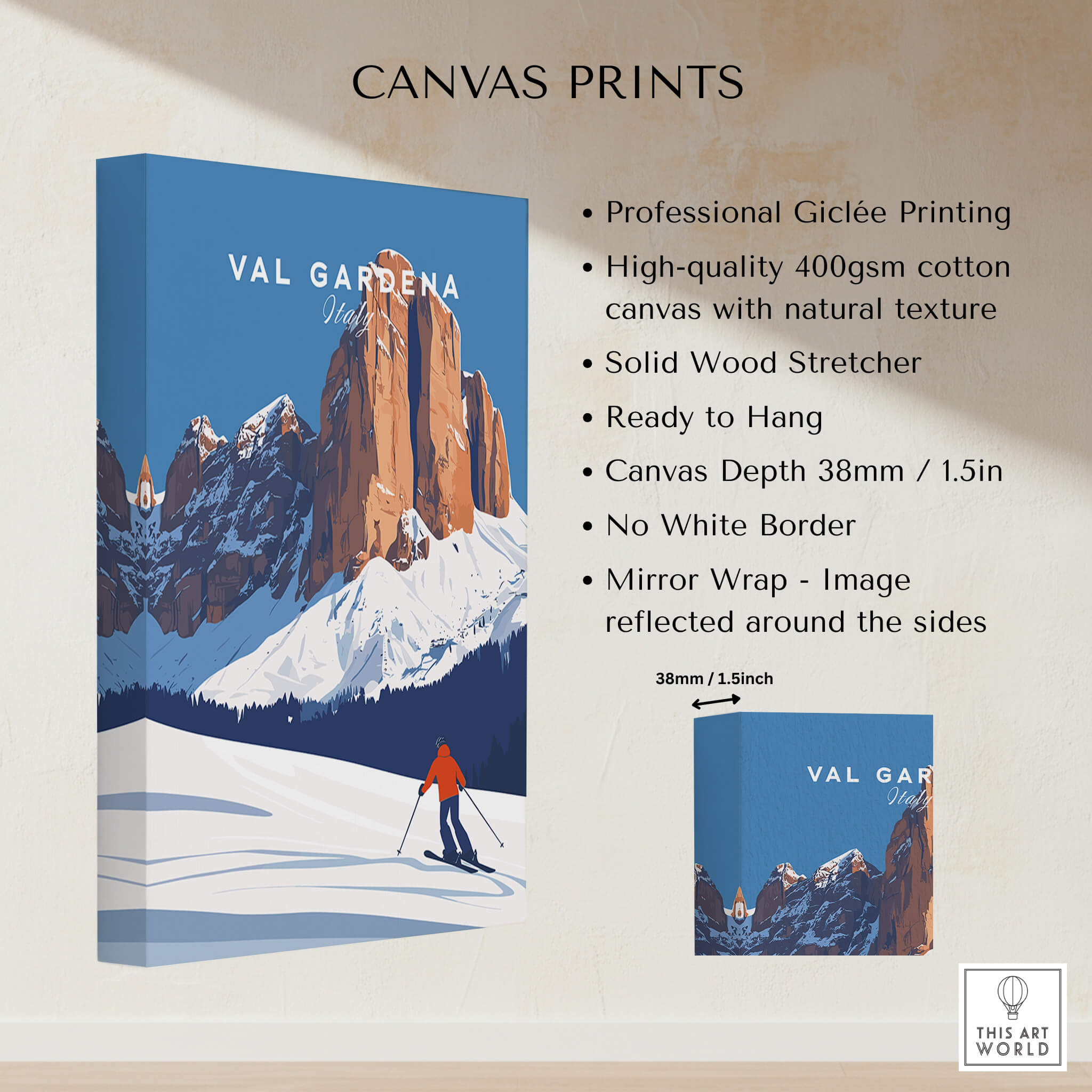 Val Gardena Print Italy showcasing high-quality Giclée printing on canvas with professional features.