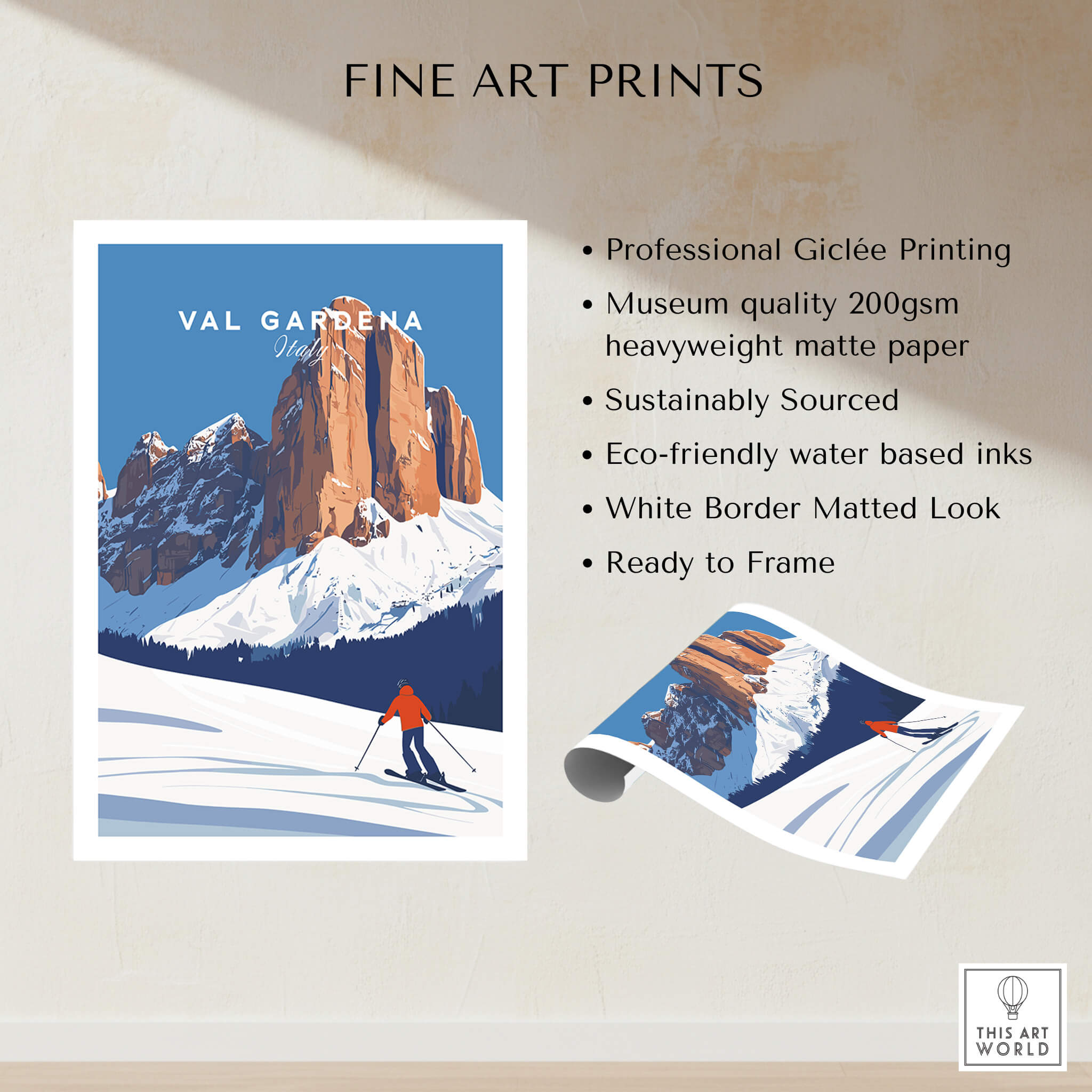 Val Gardena Print Italy ski poster with mountain landscape and professional Giclée printing.