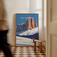 Val Gardena Print Italy ski poster featuring a skier with majestic mountains in the background.