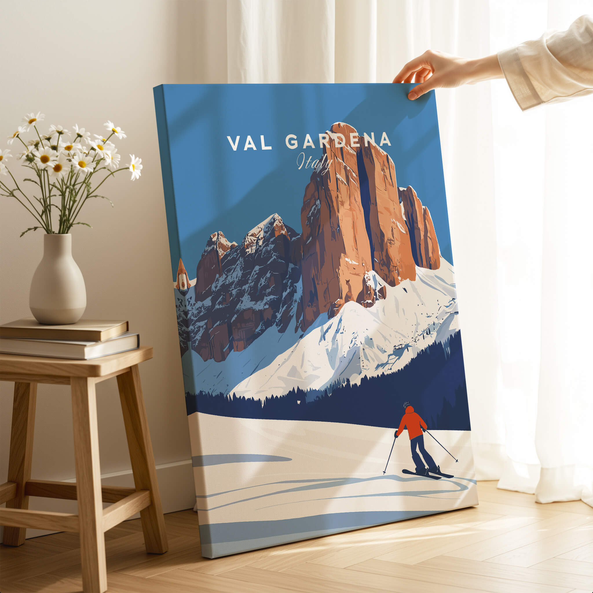 Val Gardena Print Italy ski poster showcasing stunning mountain landscape and skier in Val Gardena, Italy.