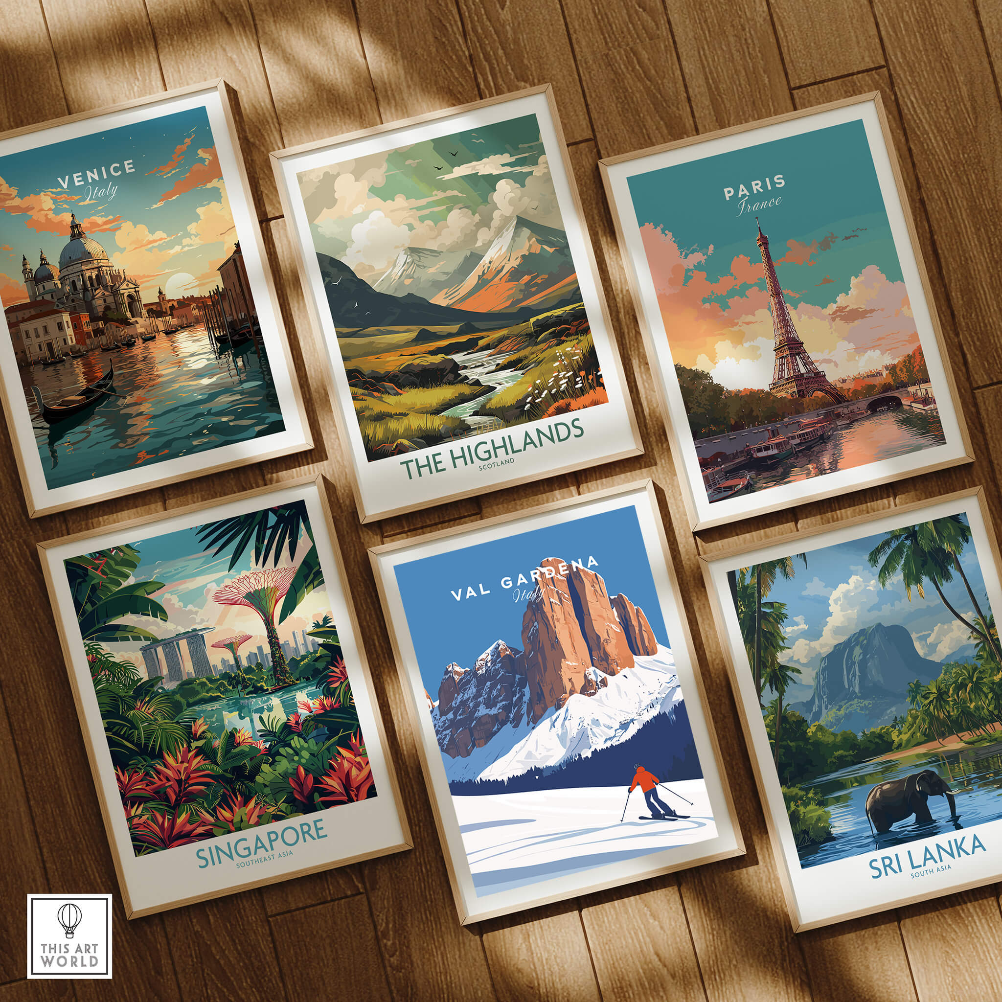 Val Gardena Print Italy with scenic views of mountains and a skier, part of a collection of travel posters.