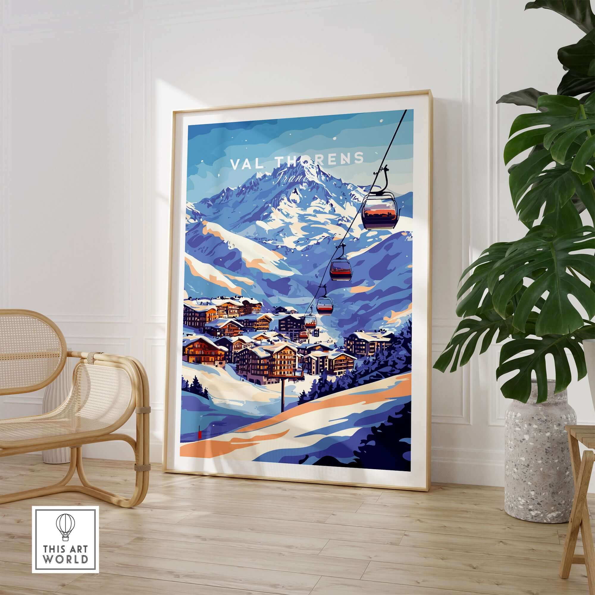 Val Thorens France Ski Poster | Iconic Chairlift Scene in a stylish room with snow-covered mountains.