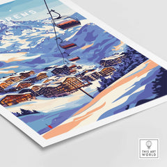 Val Thorens France Ski Poster | Iconic Chairlift Scene featuring colorful chairlift and snow-covered mountains.
