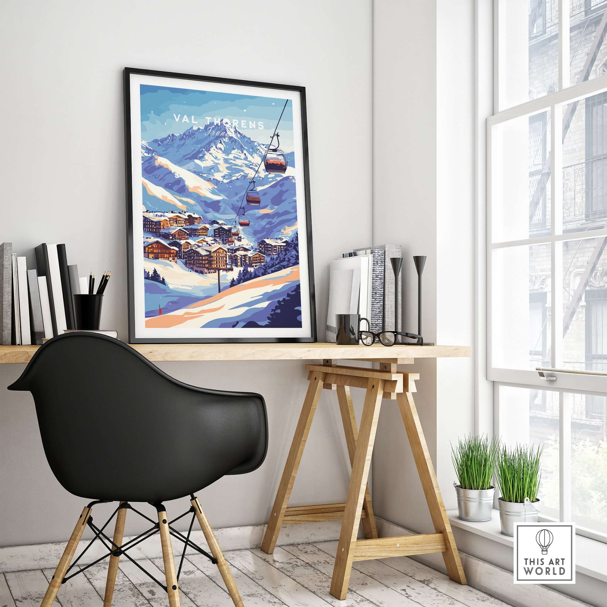Val Thorens France Ski Poster | Iconic Chairlift Scene in a cozy room setting with modern furniture.