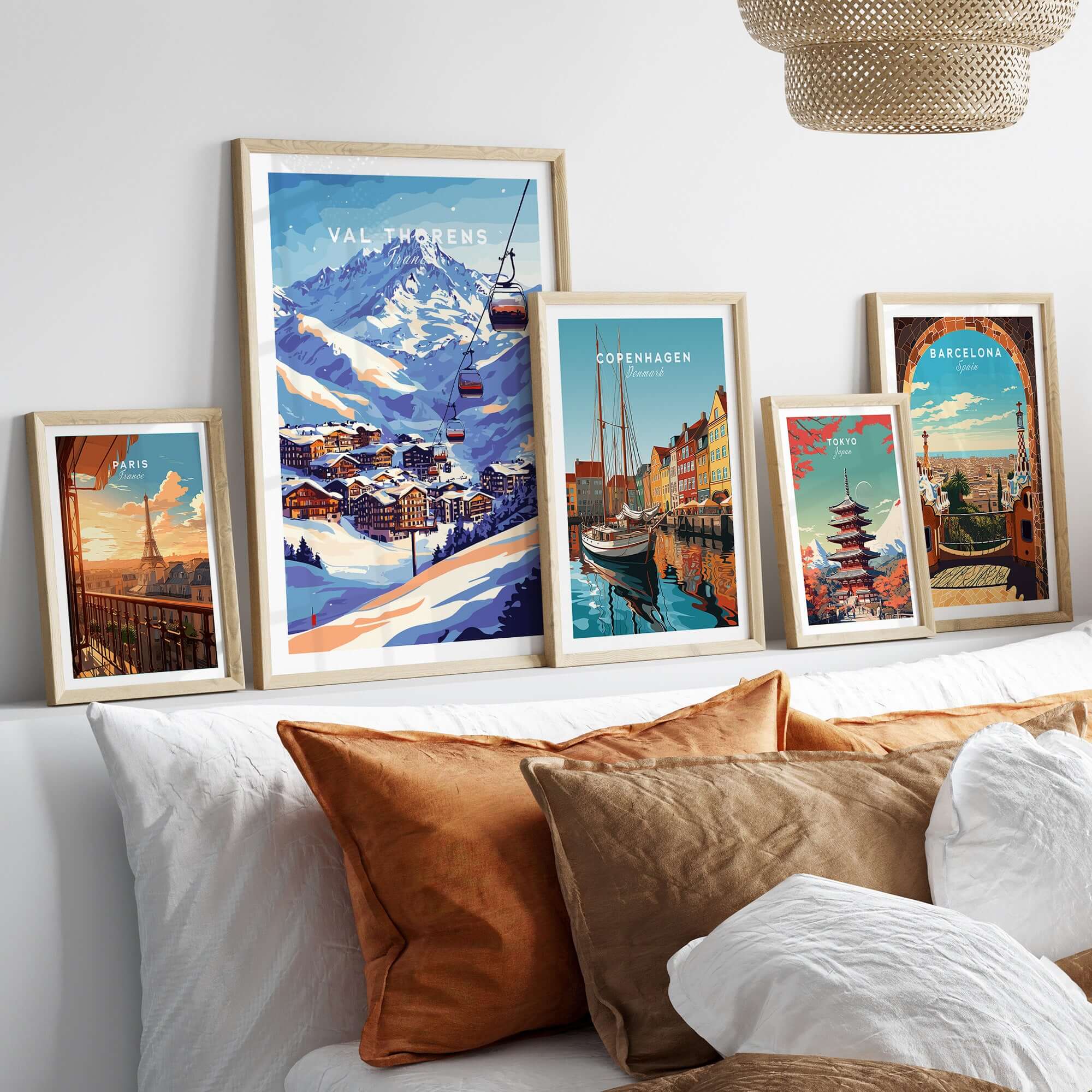 Val Thorens France Ski Poster | Iconic Chairlift Scene showcased with other city posters on a stylish gallery wall.