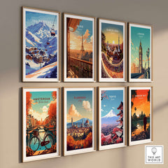 Val Thorens France Ski Poster | Iconic Chairlift Scene on a gallery wall with various city and travel posters.