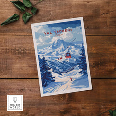 Val Thorens Poster France | Winter Sports Scene Print featuring a ski gondola and snowy peaks.