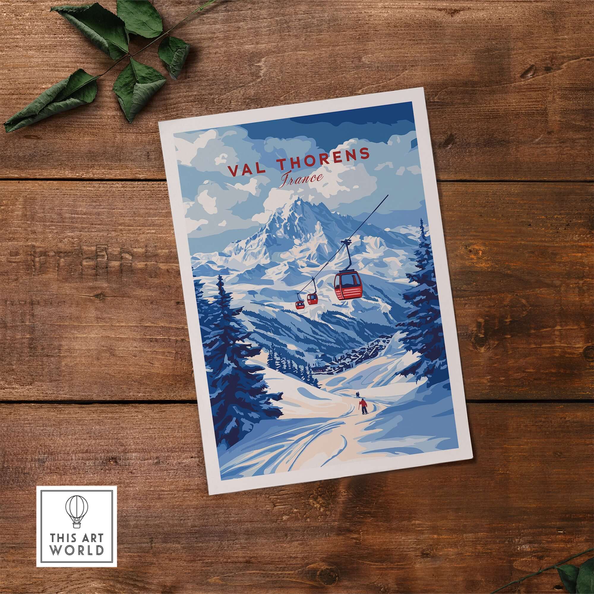 Val Thorens Poster France | Winter Sports Scene Print featuring a ski gondola and snowy peaks.