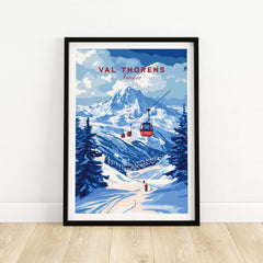Val Thorens Poster France | Winter Sports Scene Print featuring ski lifts and snowy mountains in a vibrant art style.