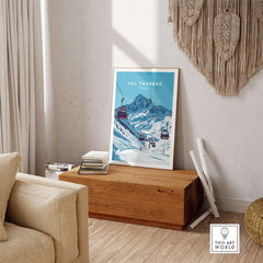 Val Thorens Ski Art Print | Winter Sports French Alps showcased in a stylish home setting with ski gondolas and mountains.