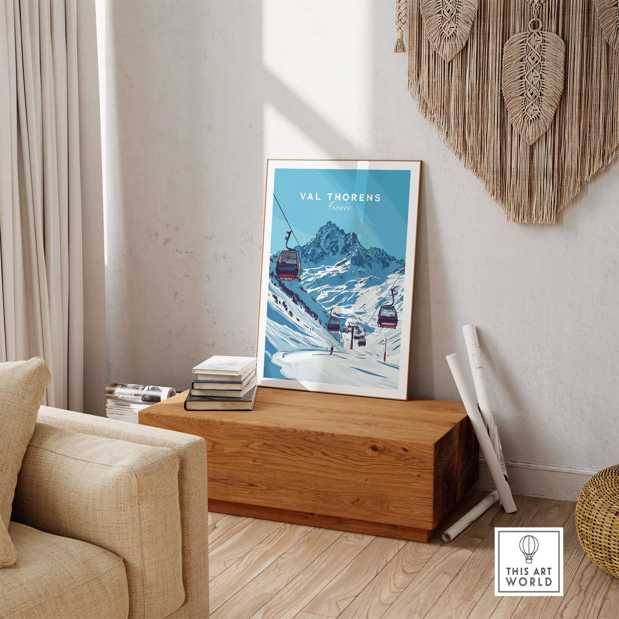 Val Thorens Ski Art Print | Winter Sports French Alps showcased in a stylish home setting with ski gondolas and mountains.
