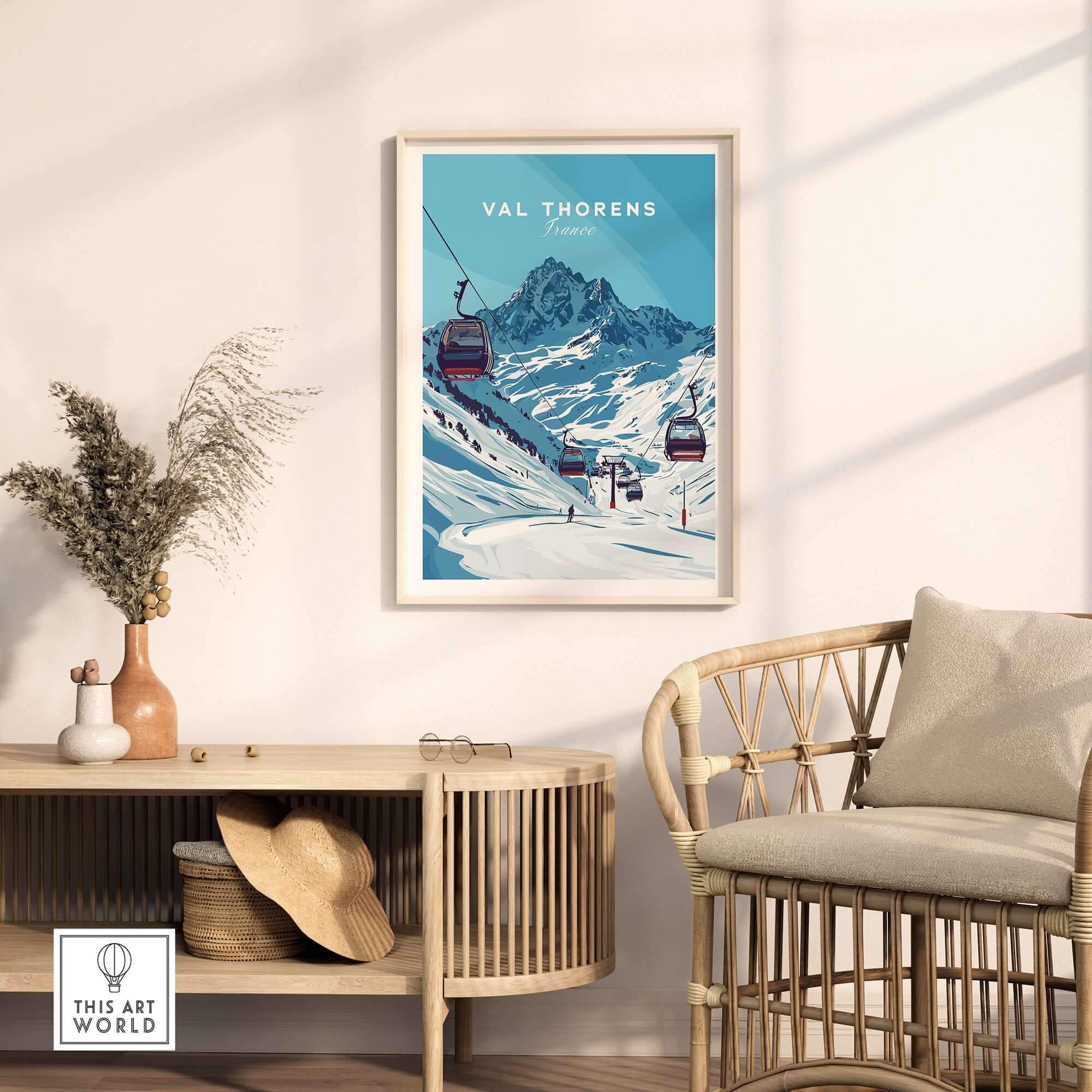 Val Thorens Ski Art Print | Winter Sports French Alps featuring a ski lift on snowy mountains in a stylish home decor setting.