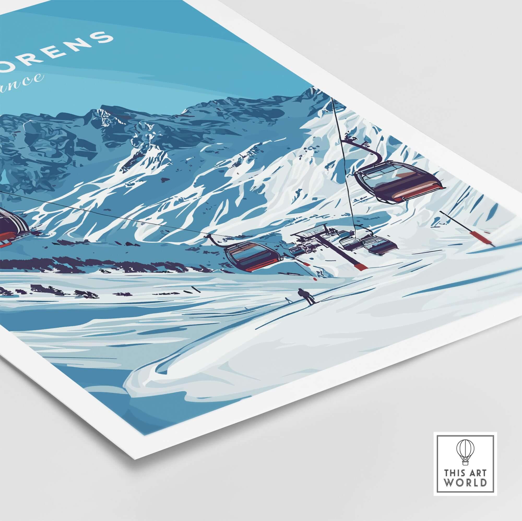 Val Thorens Ski Art Print | Winter Sports French Alps featuring a vivid illustration of a ski lift against snowy mountains.