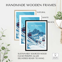 Val Thorens Ski Art Print | Winter Sports French Alps displayed in handmade wooden frames.