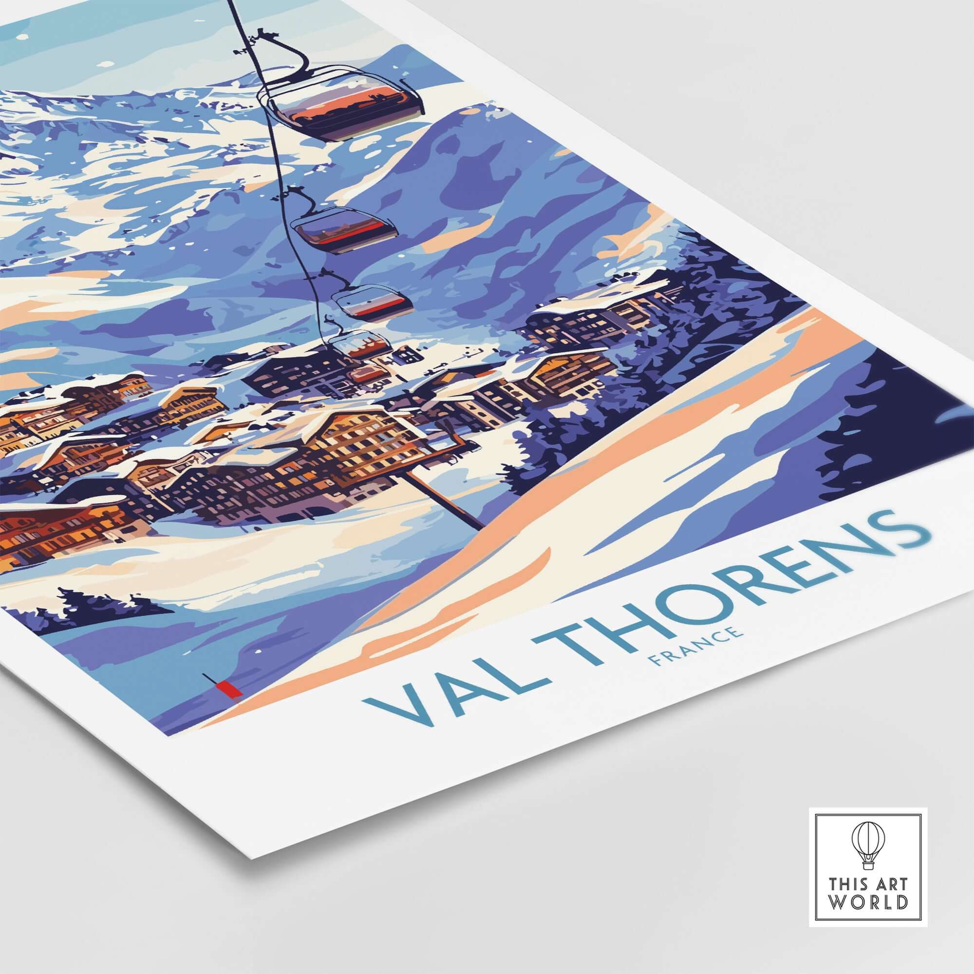 Val Thorens Winter Sports Print | From the Top Ski Run View showcasing a ski resort and cable cars in winter.