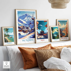Val Thorens Winter Sports Print | From the Top Ski Run View displayed among various travel posters on a stylish wall.