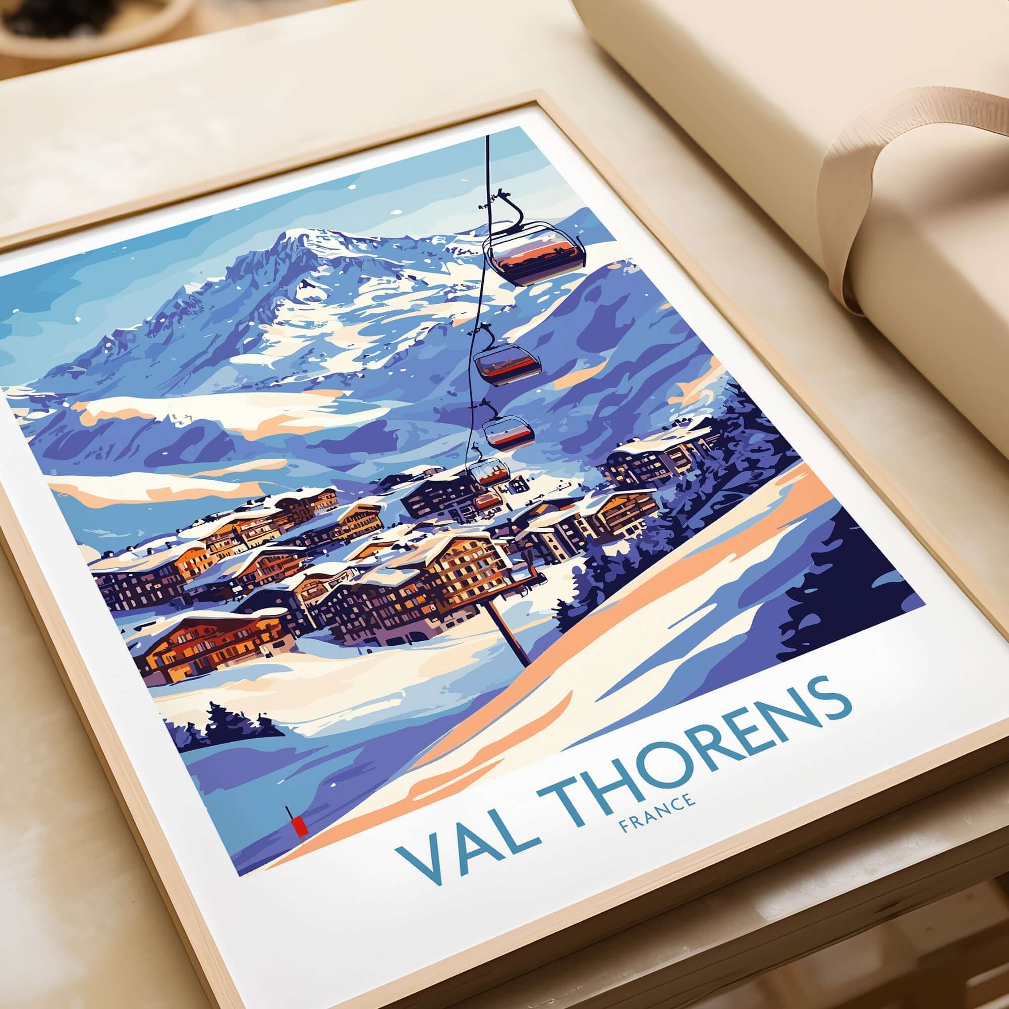 Val Thorens Winter Sports Print | From the Top Ski Run View, illustrated winter sports scene featuring ski lifts and mountains.
