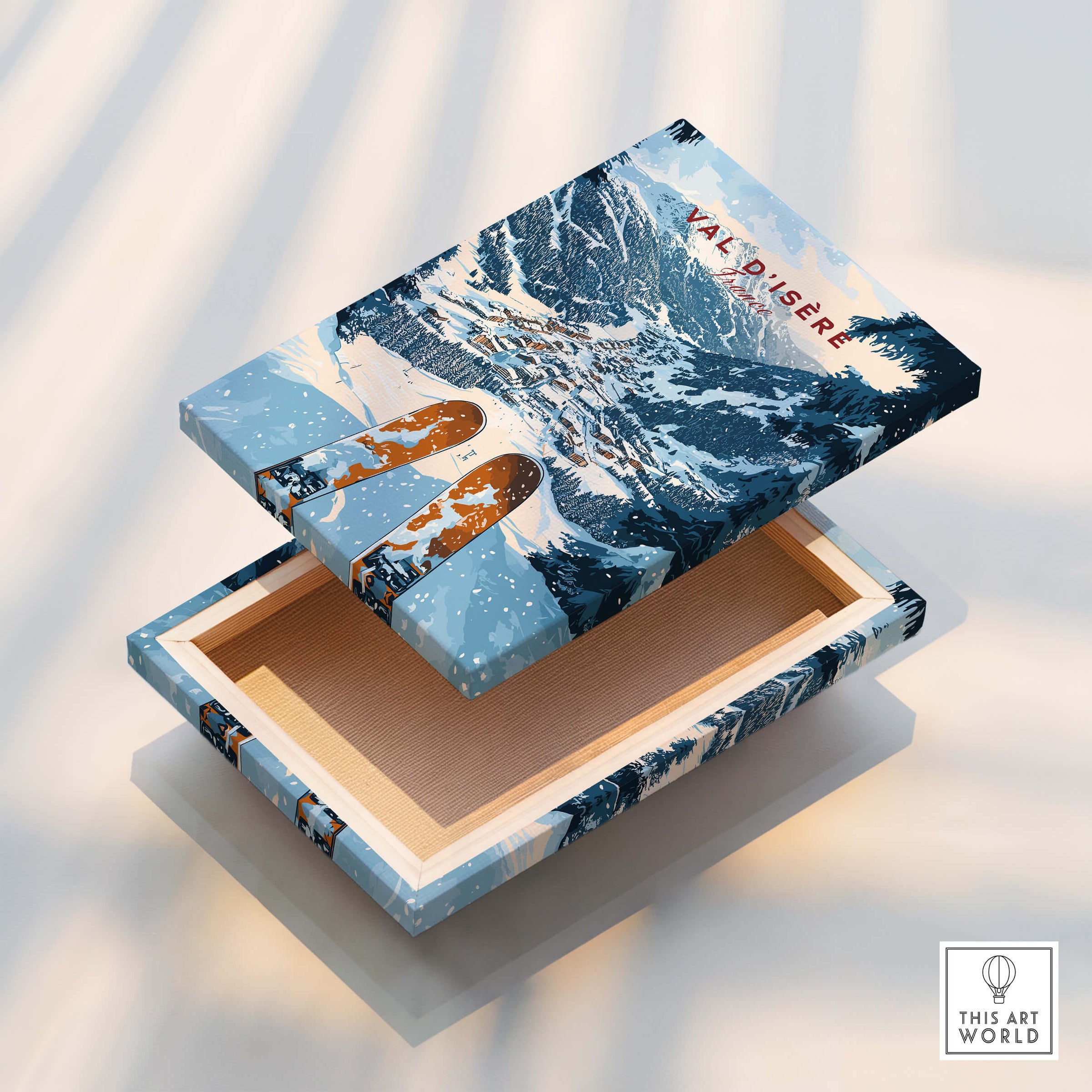Val d'isere Print box design showcasing mountainous ski scenery and ski gear.
