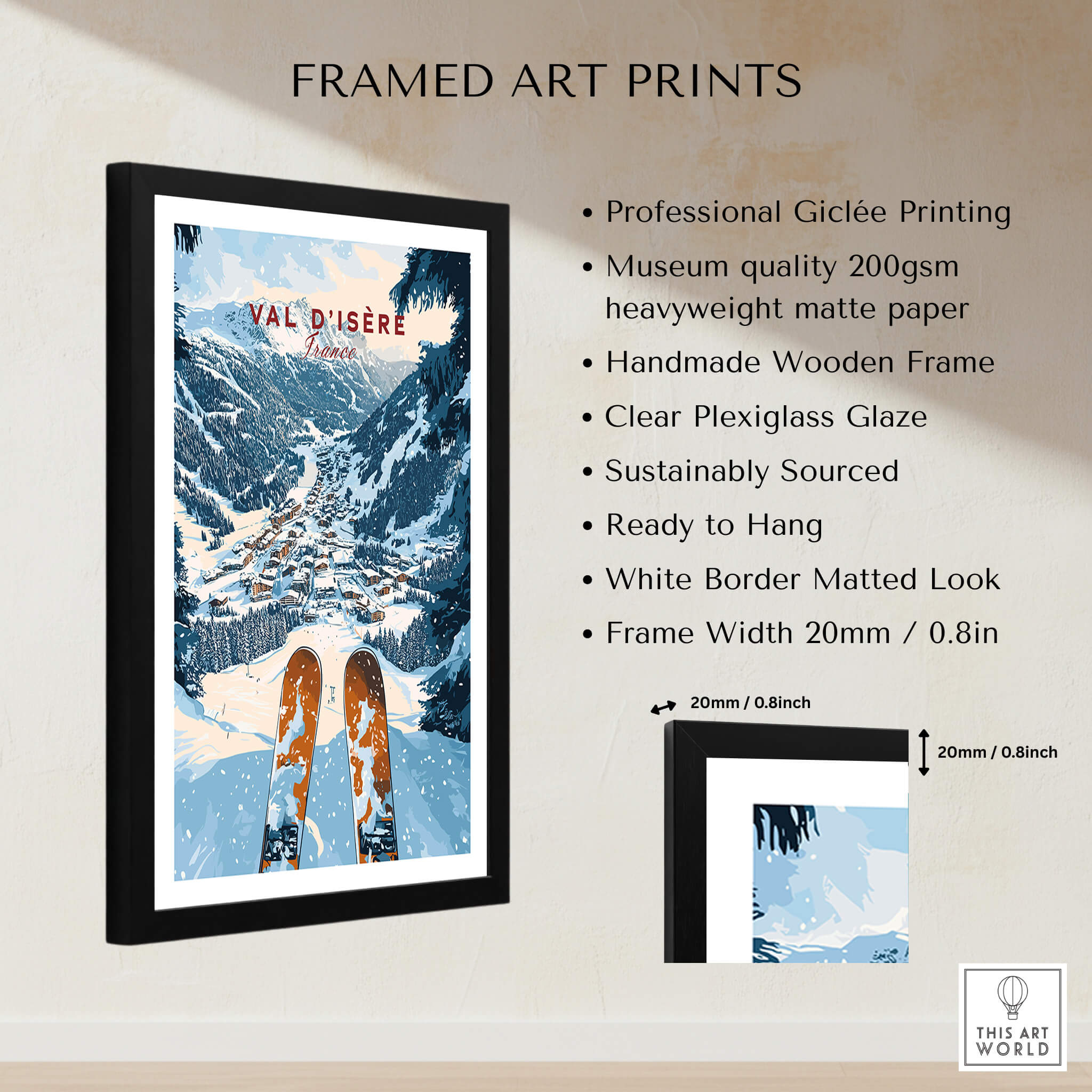 Framed Val d'isere Print showcasing ski slopes and mountain scenery, perfect for home decor and ski enthusiasts.