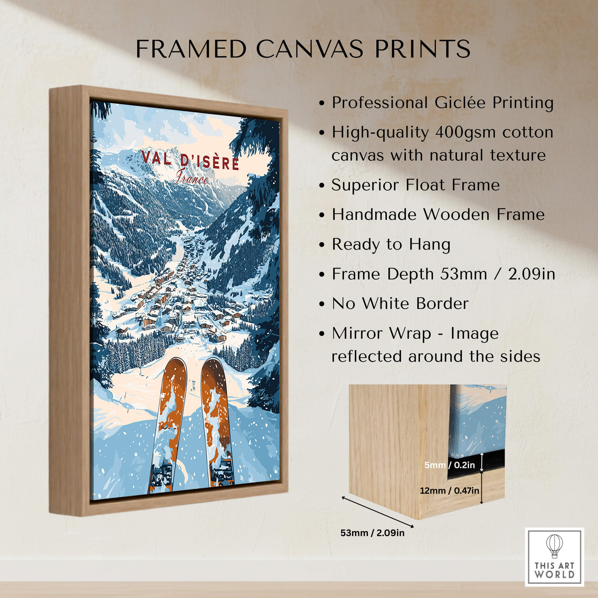 Val d'isere Print framed canvas print showcasing a stunning ski scene with professional Giclée printing and natural texture.