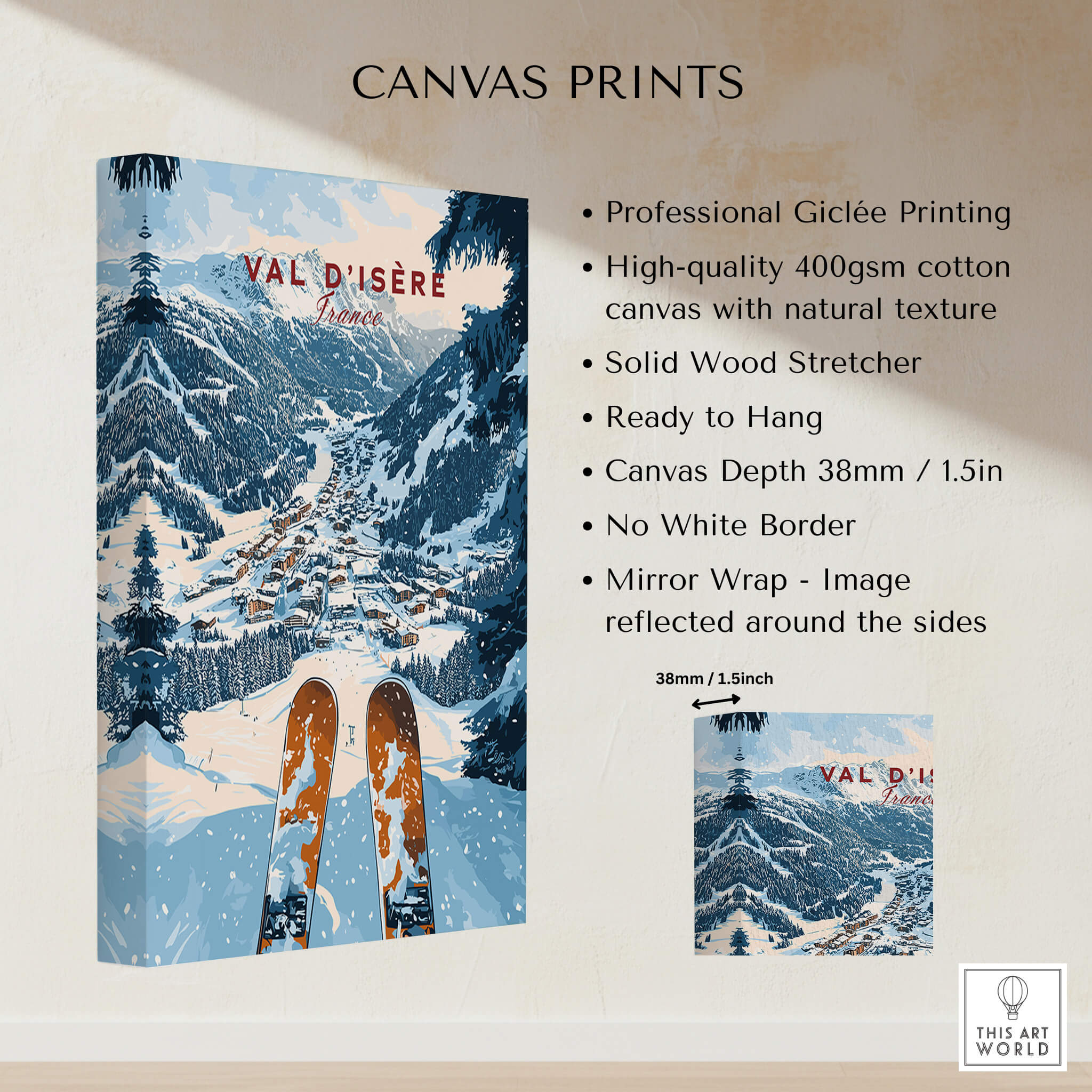 Val d'isere Print featuring a stunning ski landscape canvas print, perfect for home decor.