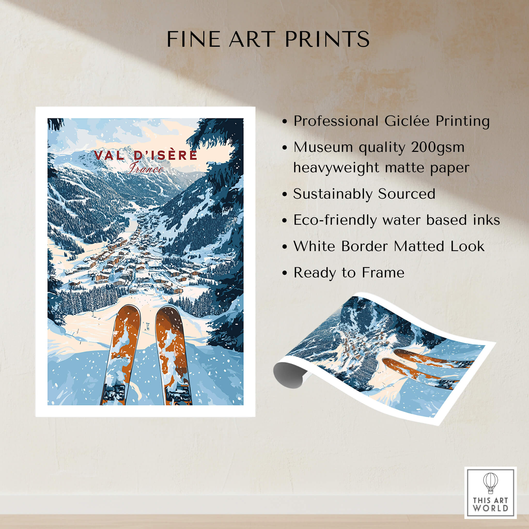 Val d'isere Print showcasing stunning ski slopes and mountain scenery in vibrant colors, perfect for home décor.