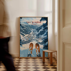 Val d'isere Print showcasing a ski scene with ski poles in front of a snowy landscape, perfect for home decor.