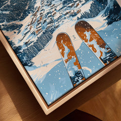 Val d'isere Print featuring ski gear and a snowy mountain landscape, capturing the essence of Val d'isere.