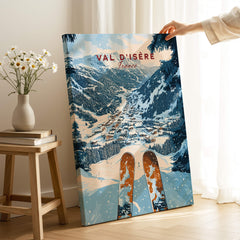 Val d'isère Print showcasing a snowy mountain landscape with ski equipment and the village in France.