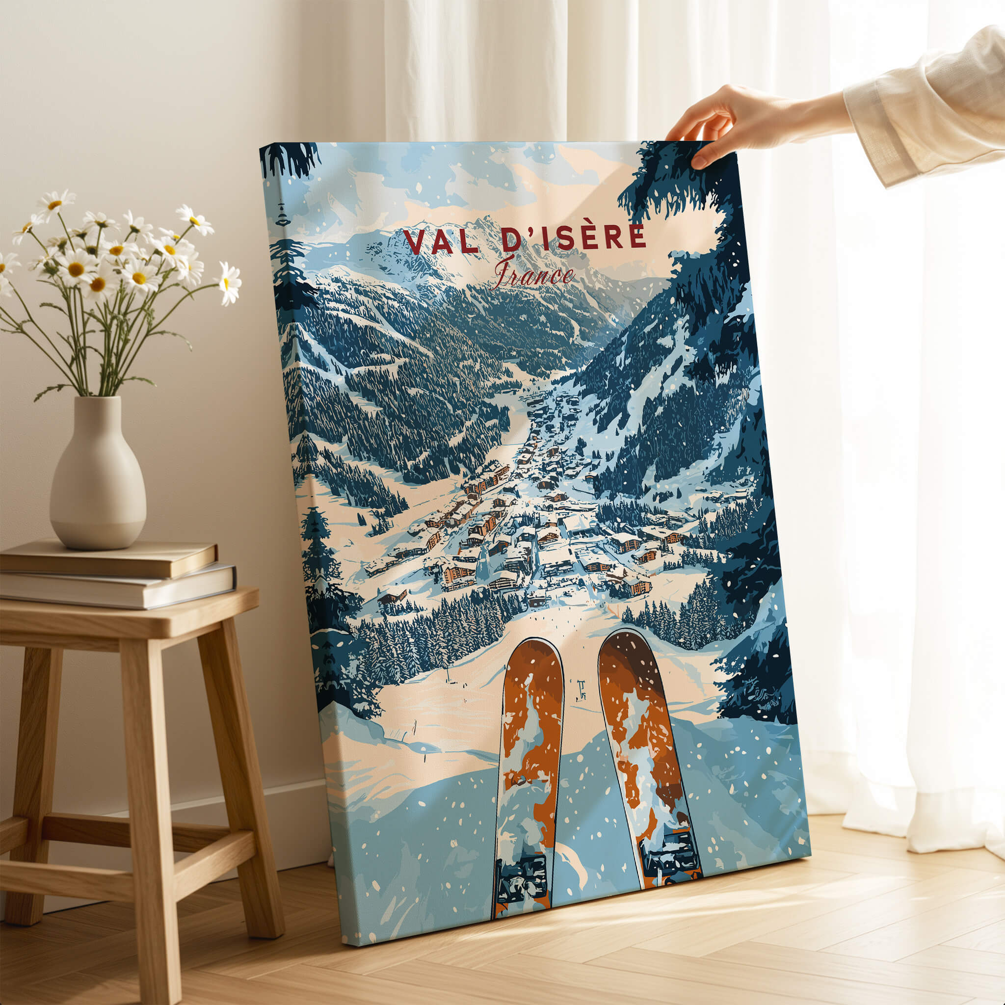 Val d'isère Print showcasing a snowy mountain landscape with ski equipment and the village in France.