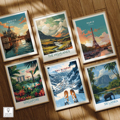 A collection of six travel posters including Val d'isere Print, showcasing scenic destinations across the world.