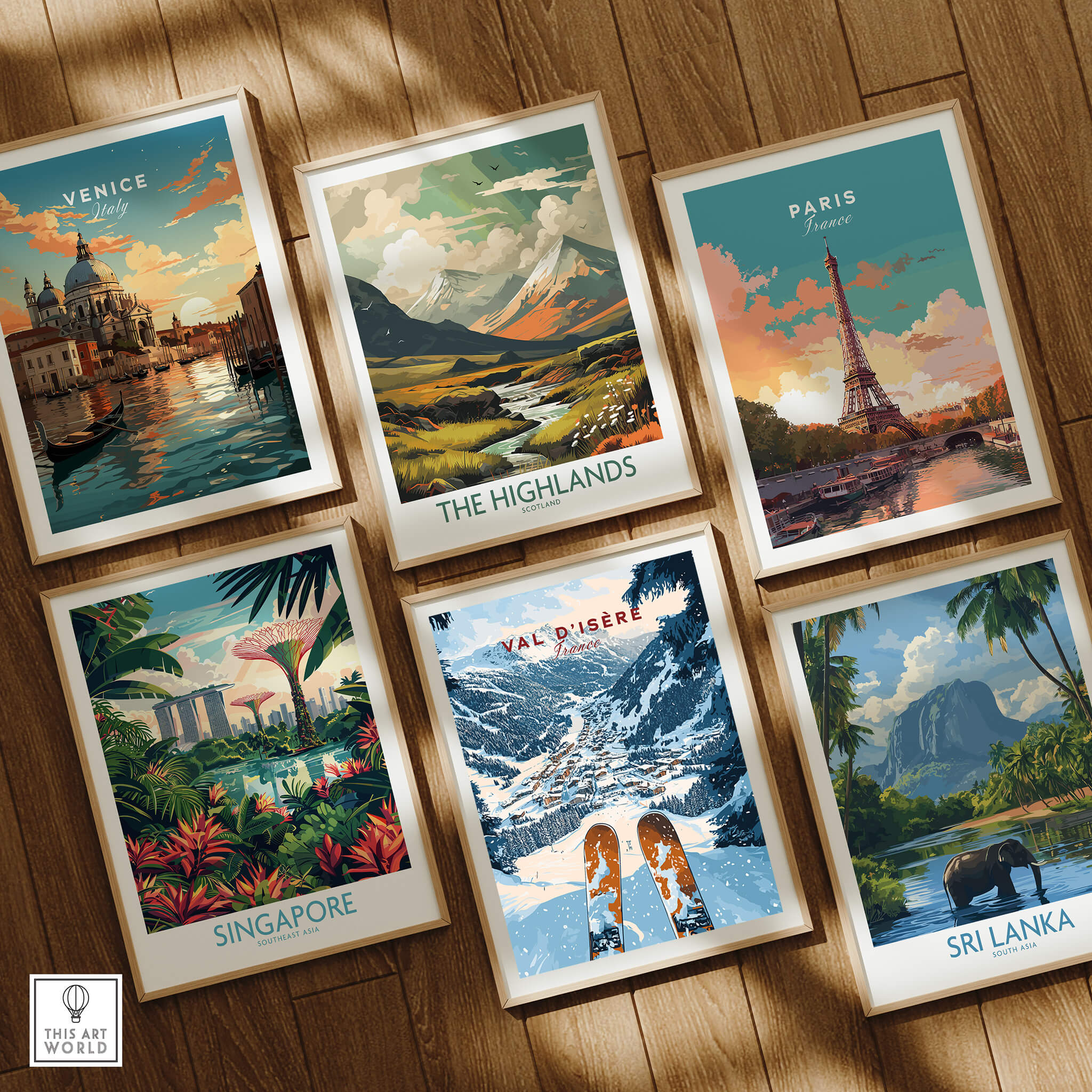 A collection of six travel posters including Val d'isere Print, showcasing scenic destinations across the world.